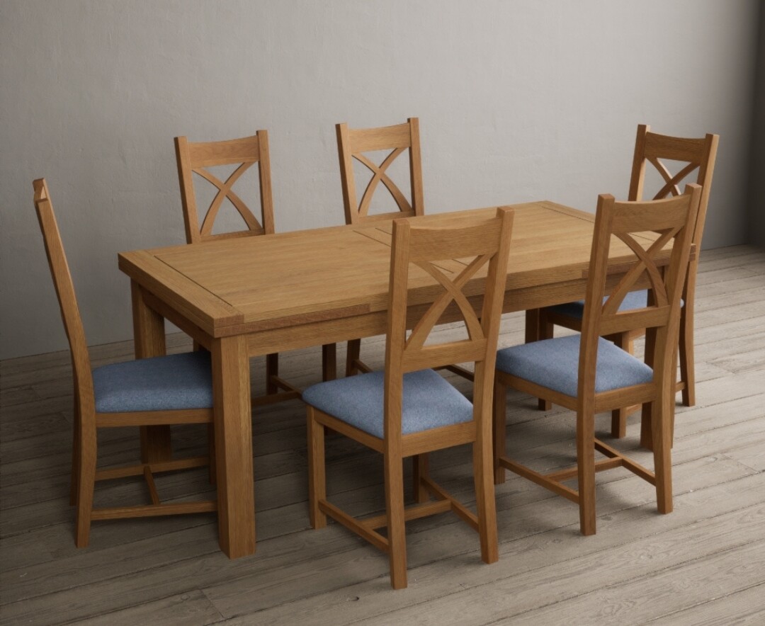 Photo 2 of Extending buxton 140cm solid oak dining table with 8 blue x back chairs