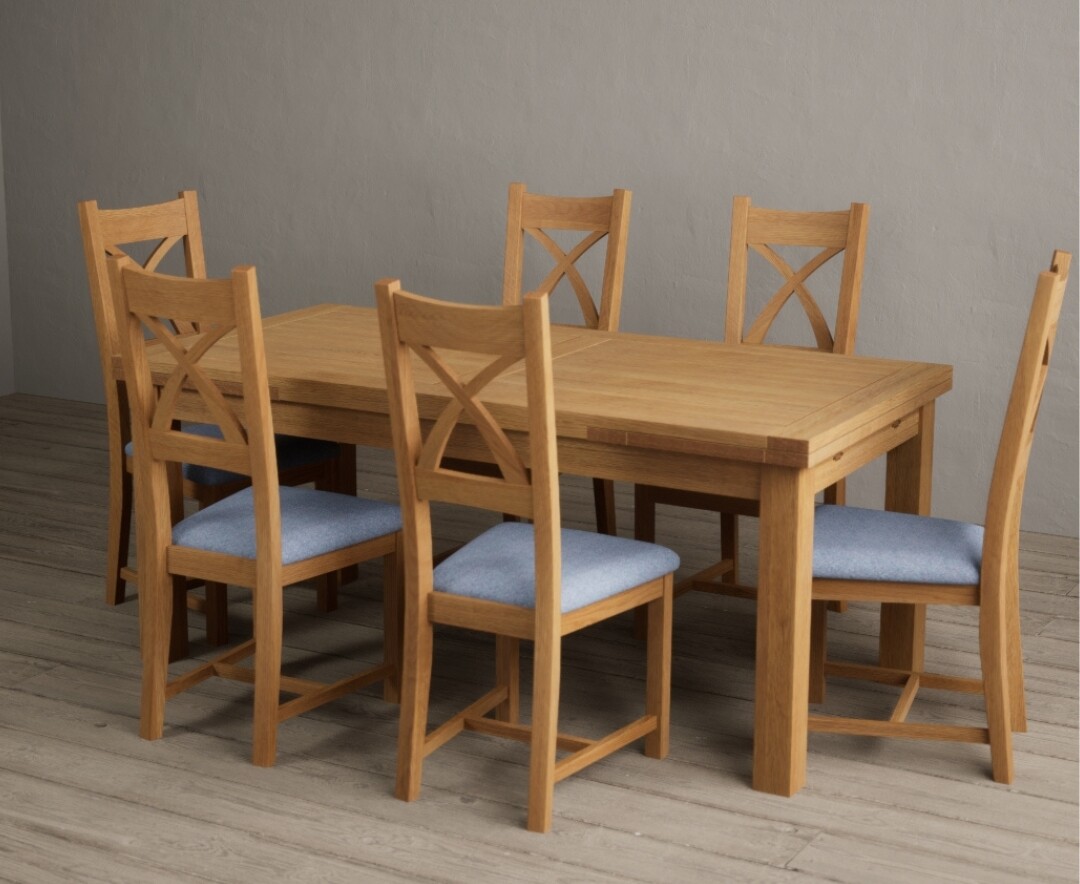 Photo 1 of Extending buxton 140cm solid oak dining table with 8 blue x back chairs