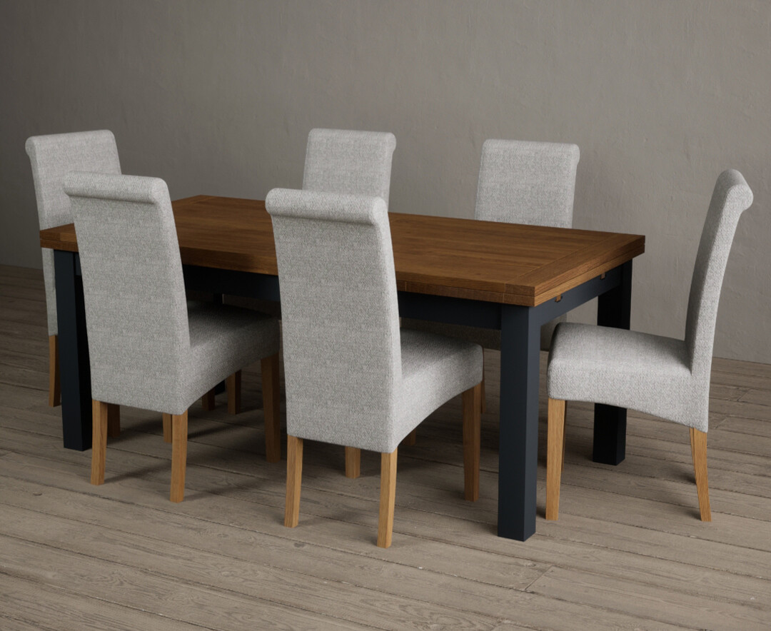 Photo 1 of Extending buxton 180cm oak and dark blue dining table with 12 grey scroll back chairs