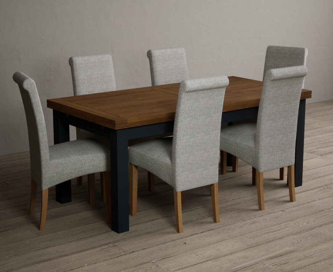 Product photograph of Extending Buxton 180cm Oak And Dark Blue Dining Table With 10 Blue Scroll Back Chairs from Oak Furniture Superstore