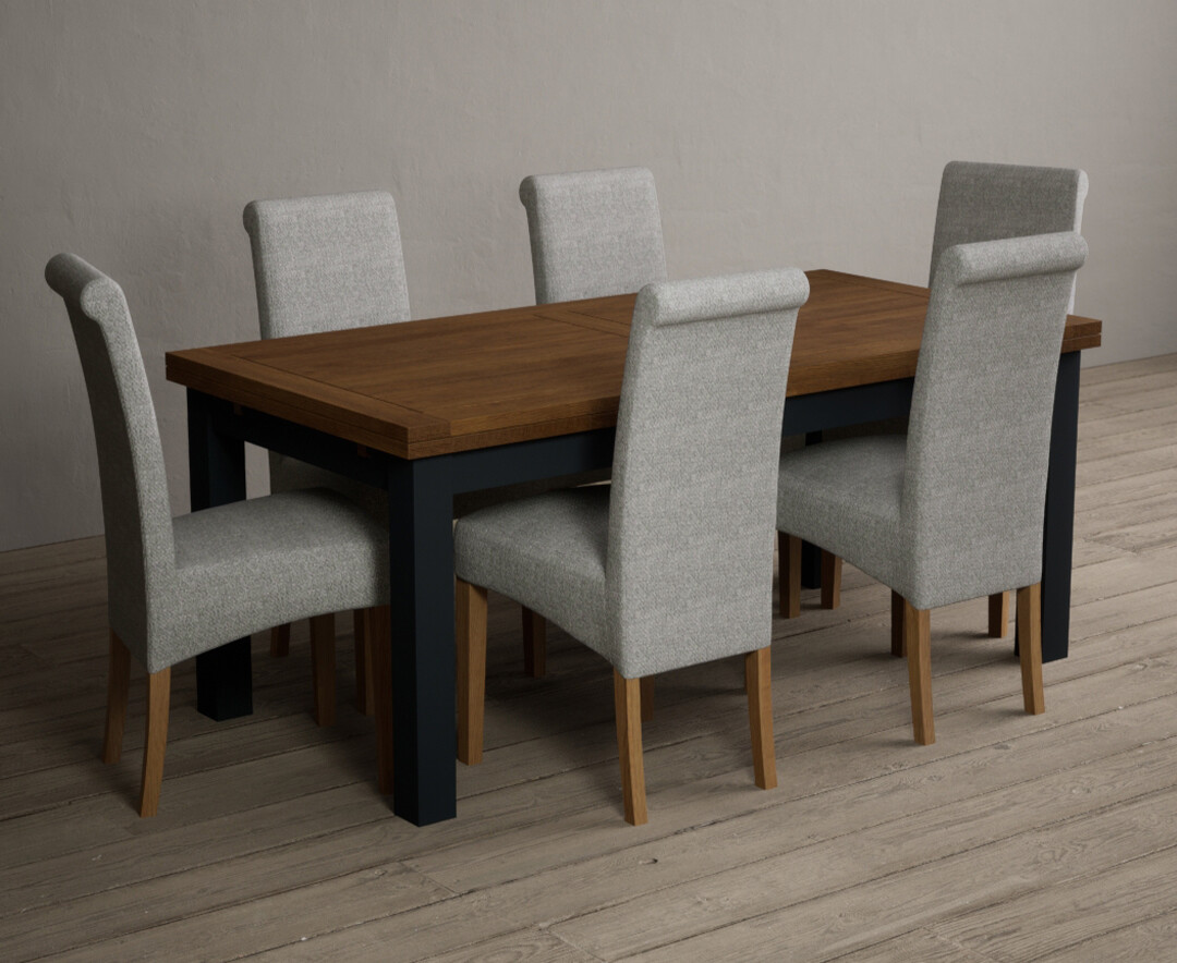 Extending Hampshire 180cm Oak And Dark Blue Dining Table With 6 Brown Scroll Back Chairs