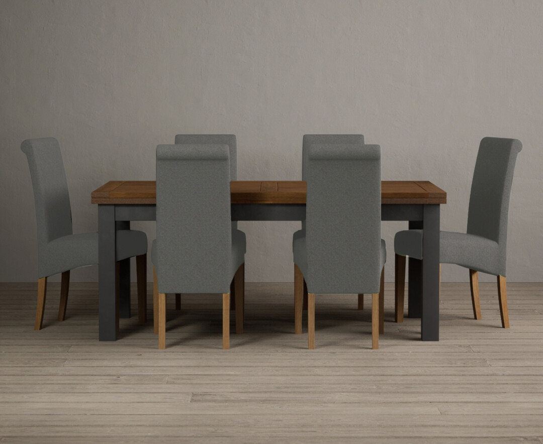 Photo 1 of Extending buxton 180cm oak and charcoal grey dining table with 10 blue scroll back chairs