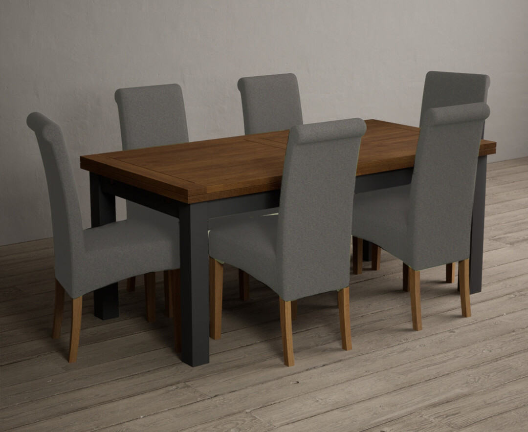 Product photograph of Extending Hampshire 180cm Oak And Charcoal Grey Dining Table With 10 Blue Scroll Back Chairs from Oak Furniture Superstore