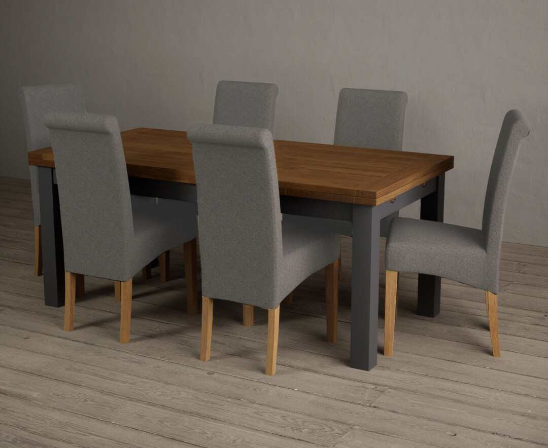 Photo 2 of Extending buxton 180cm oak and charcoal grey dining table with 12 blue scroll back chairs