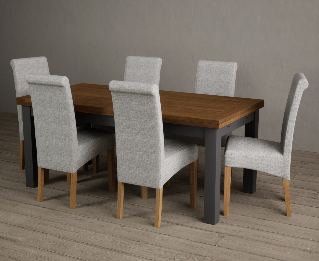 Photo 2 of Extending hampshire 180cm oak and charcoal grey dining table with 10 grey scroll back chairs