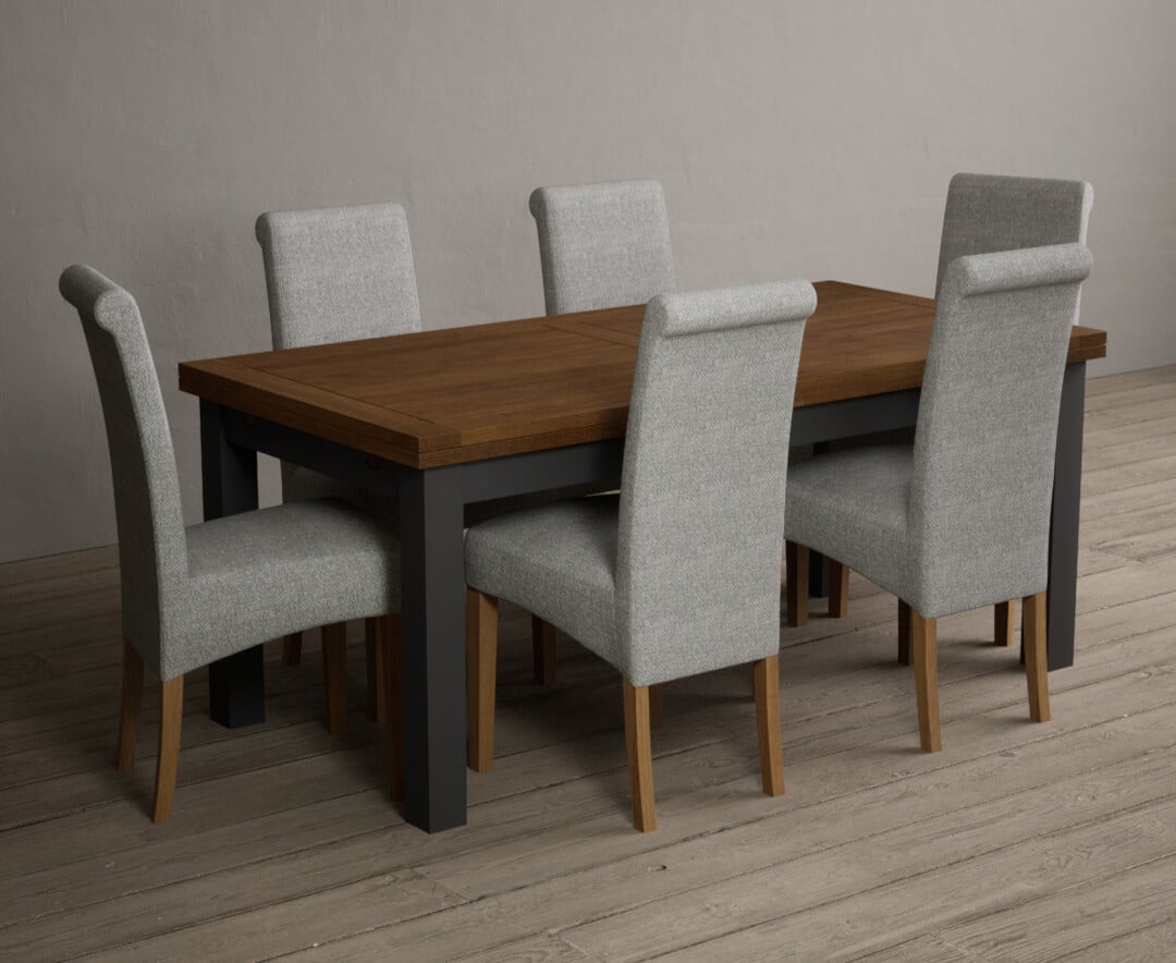 Extending Buxton 180cm Oak And Charcoal Grey Painted Dining Table With 6 Grey Scroll Back Chairs