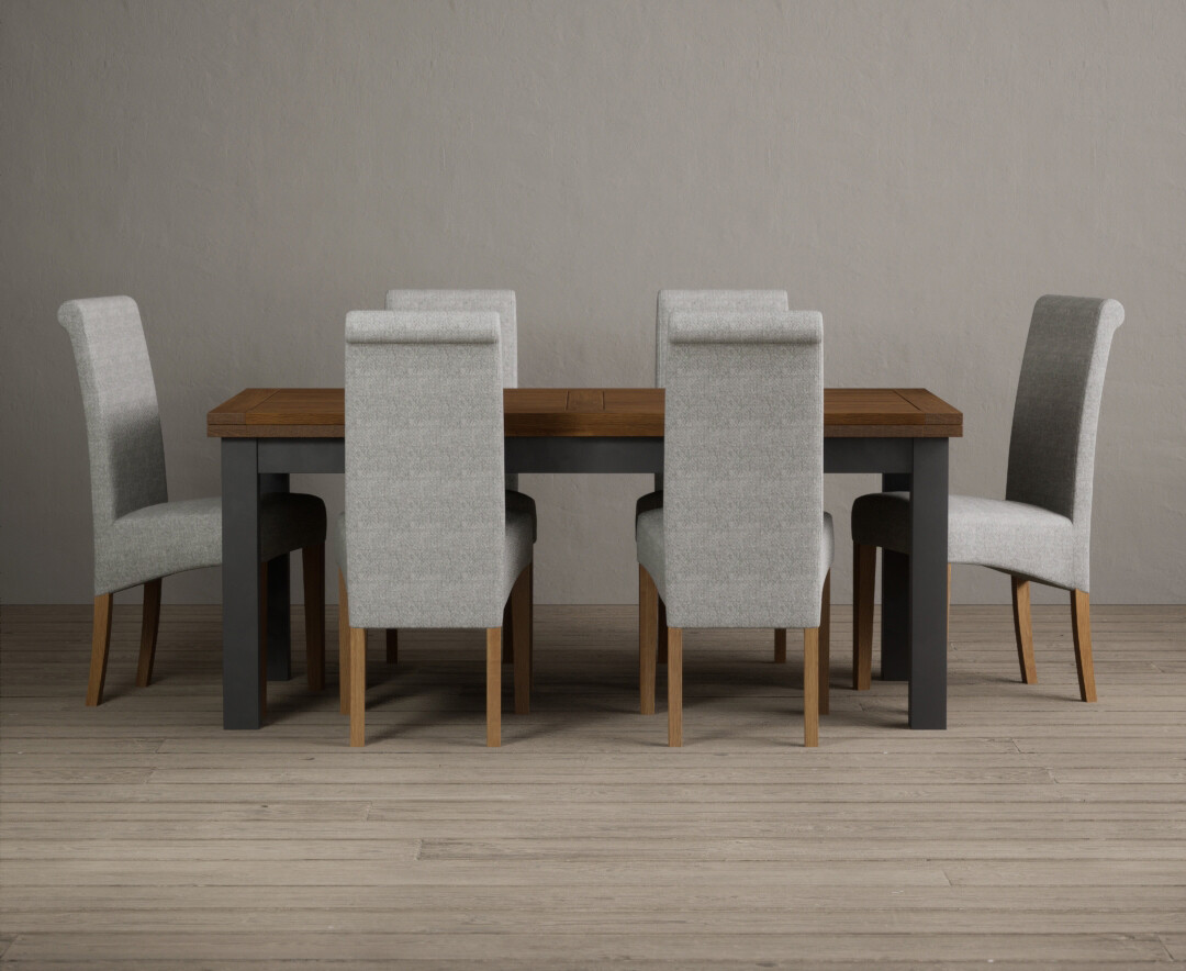 Photo 1 of Extending buxton 180cm oak and charcoal grey dining table with 10 natural scroll back chairs