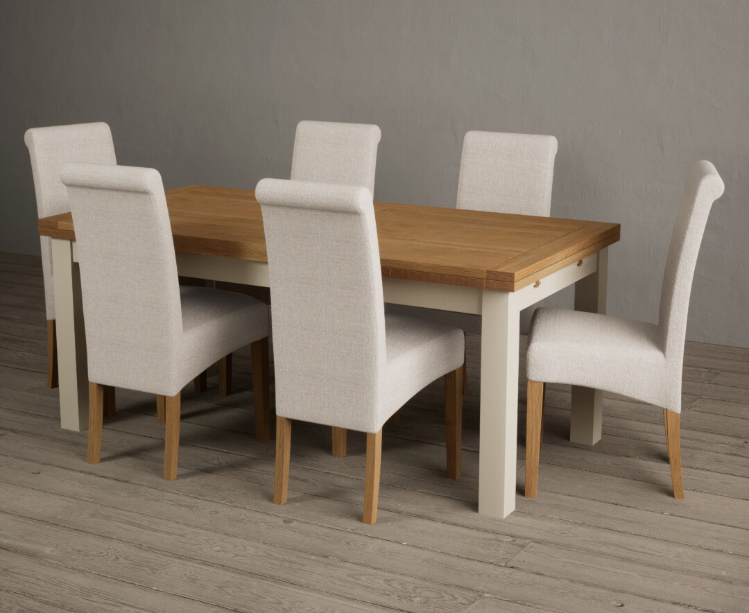 Photo 1 of Extending buxton 180cm oak and cream painted dining table with 6 brown scroll back chairs