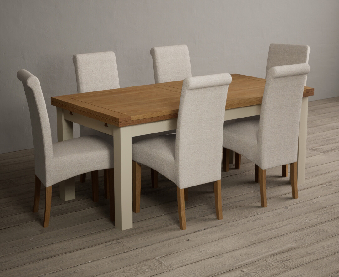 Product photograph of Extending Buxton 180cm Oak And Cream Painted Dining Table With 6 Blue Scroll Back Chairs from Oak Furniture Superstore