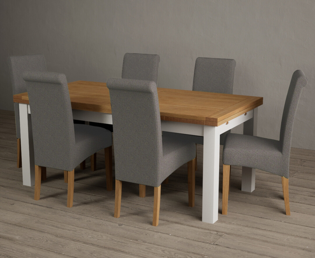 Product photograph of Extending Hampshire 180cm Oak And Signal White Dining Table With 12 Blue Scroll Back Chairs from Oak Furniture Superstore