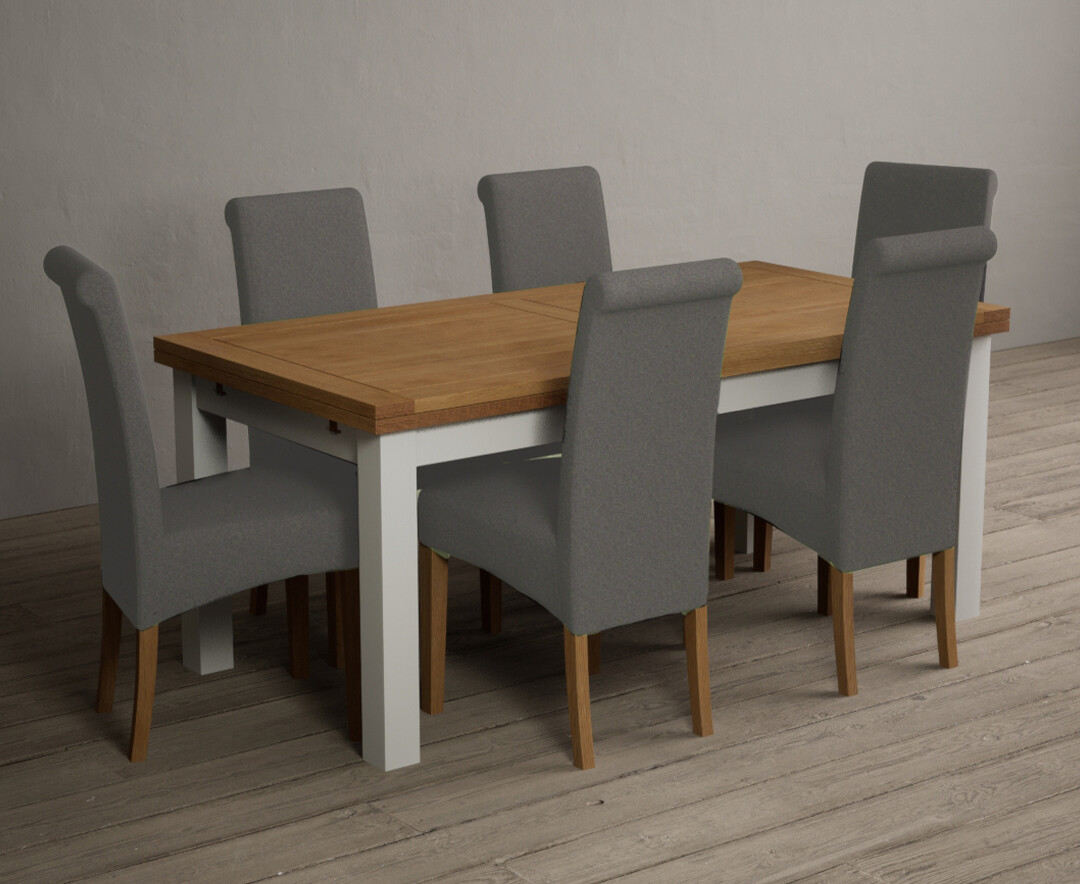 Photo 1 of Extending hampshire 180cm oak and signal white dining table with 12 brown scroll back chairs