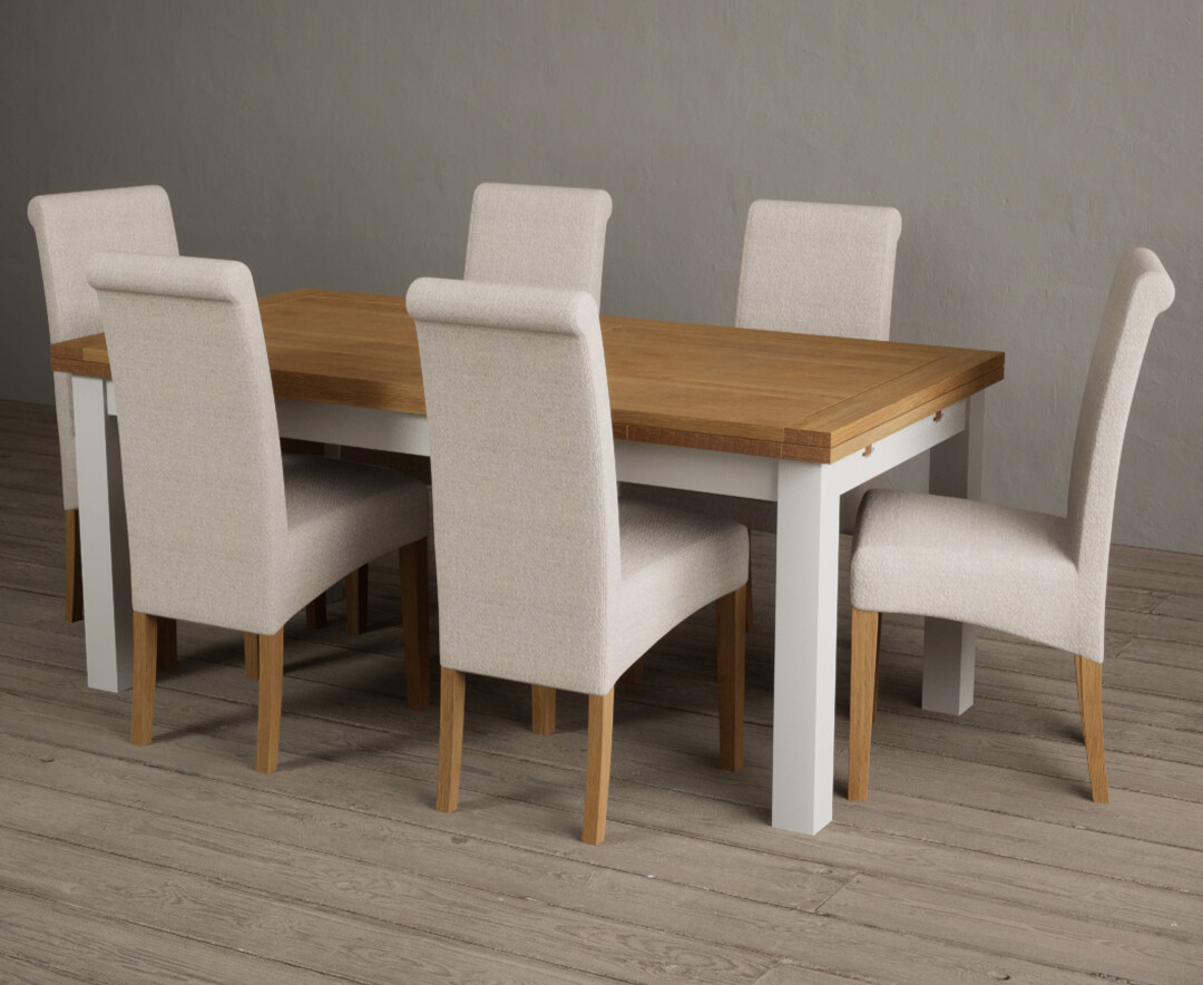 Photo 2 of Extending buxton 180cm oak and signal white dining table with 6 natural scroll back chairs