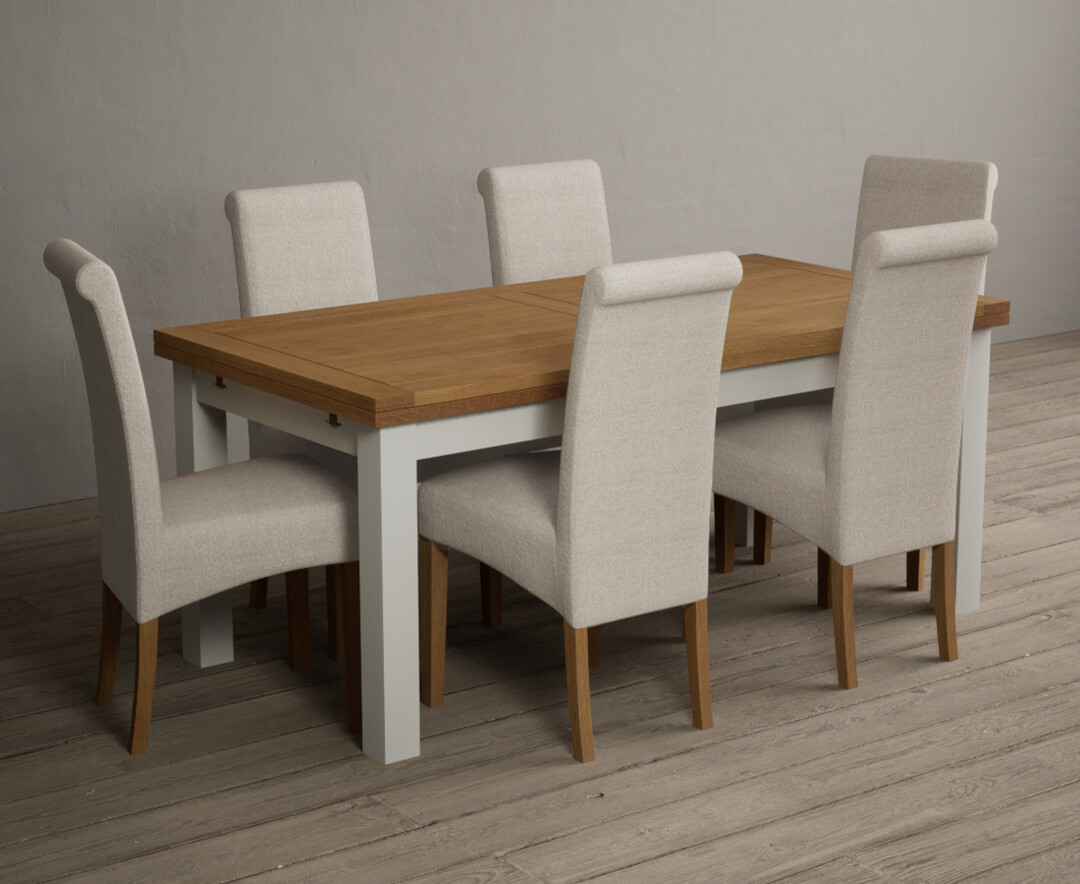Product photograph of Extending Buxton 180cm Oak And Signal White Dining Table With 10 Natural Scroll Back Chairs from Oak Furniture Superstore