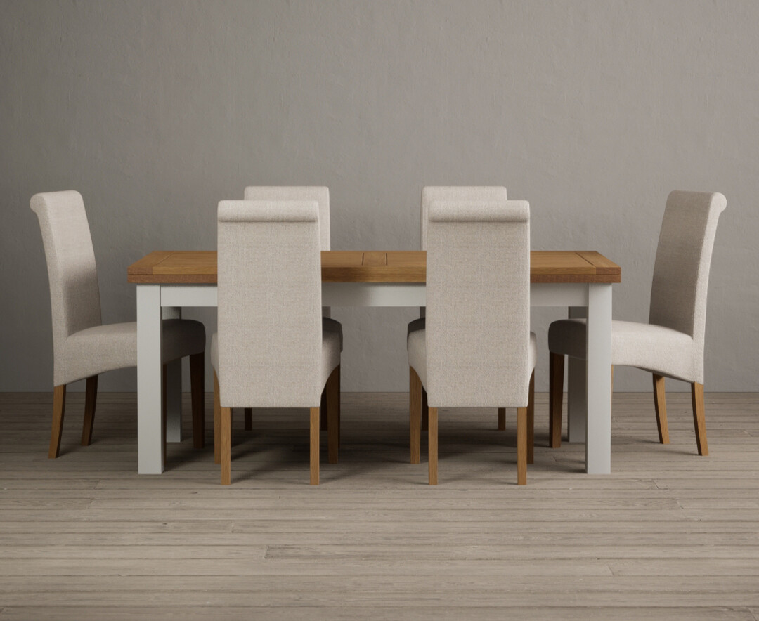 Photo 1 of Extending buxton 180cm oak and signal white dining table with 6 grey scroll back chairs