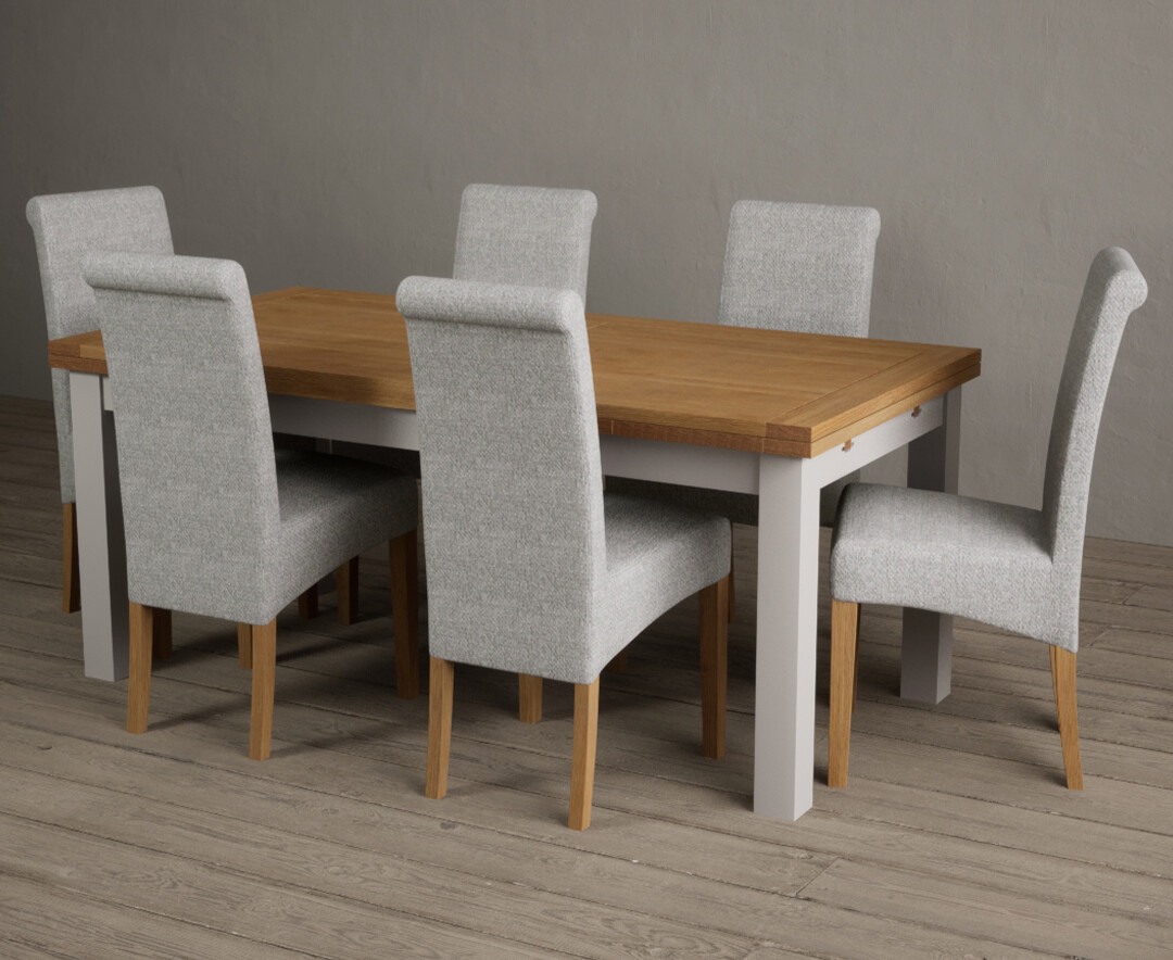 Product photograph of Extending Hampshire 180cm Oak And Soft White Painted Dining Table With 6 Grey Scroll Back Chairs from Oak Furniture Superstore