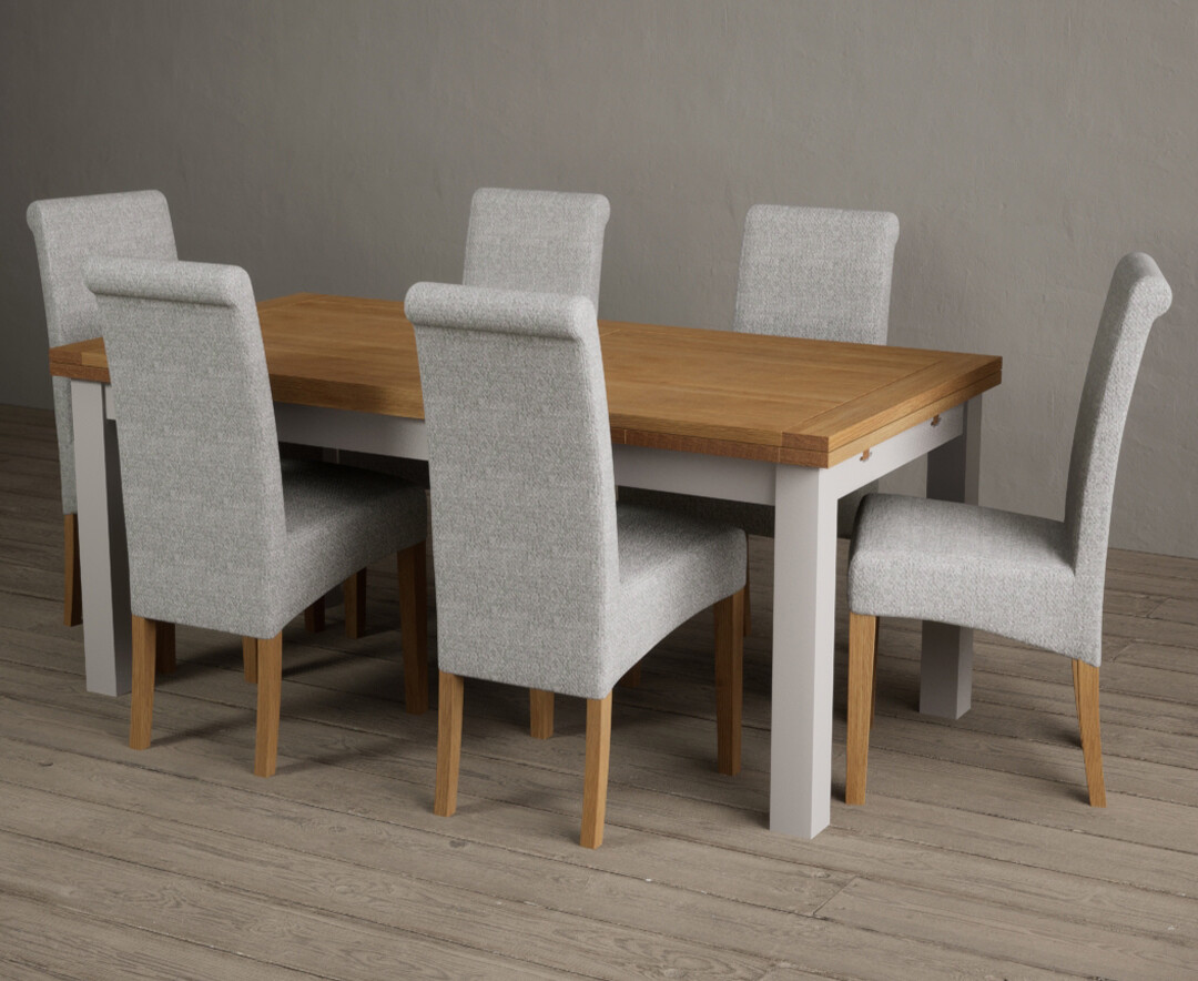 Extending Hampshire 180cm Oak And Soft White Painted Dining Table With 12 Grey Scroll Back Chairs