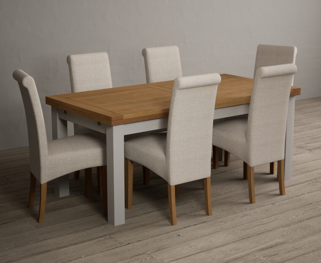 Photo 1 of Extending buxton 180cm oak and soft white painted dining table with 6 grey scroll back chairs