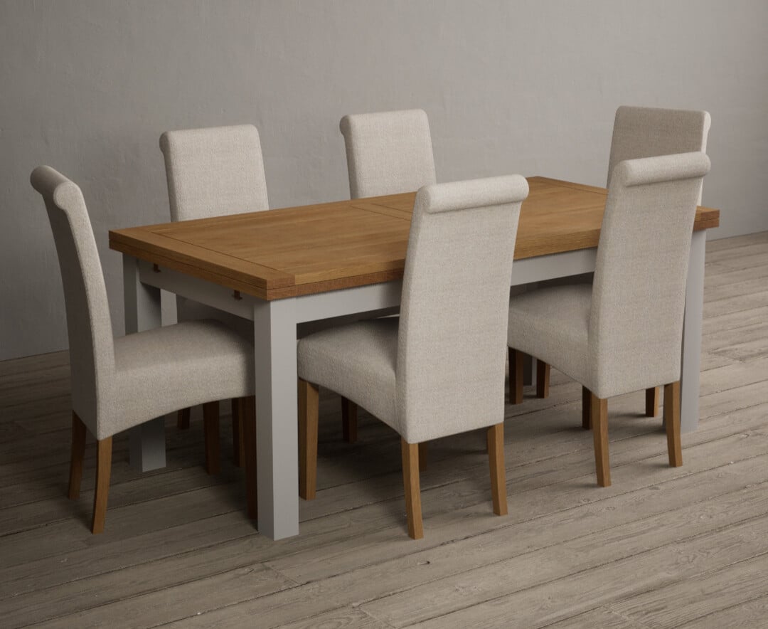 Photo 1 of Extending buxton 180cm oak and soft white painted dining table with 8 grey scroll back chairs