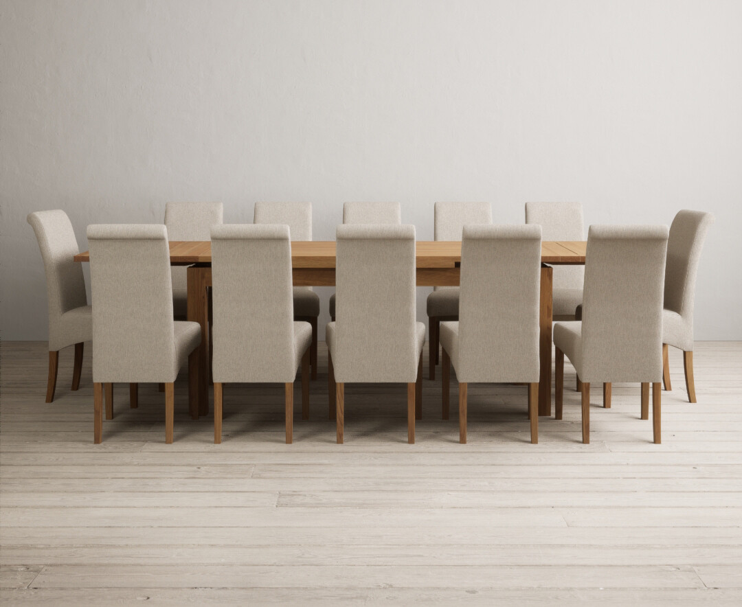 Extending Buxton 180cm Solid Oak Dining Table With 6 Blue Scroll Back Chairs