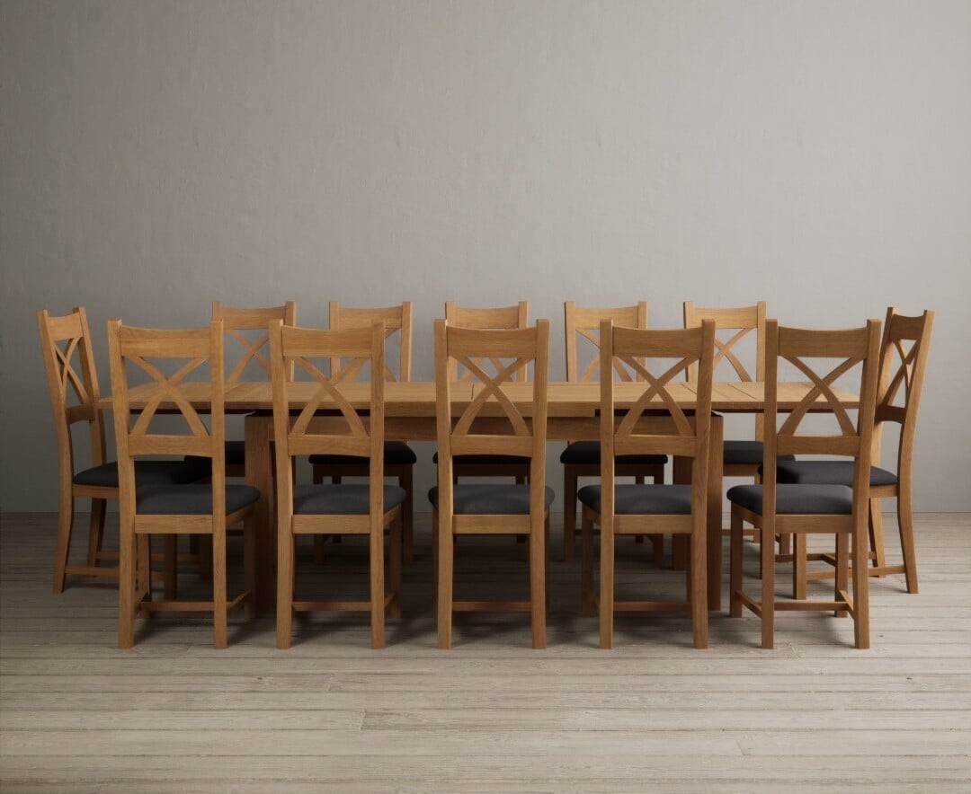 Extending Buxton 180cm Solid Oak Dining Table With 10 Blue Natural Solid Oak Chairs