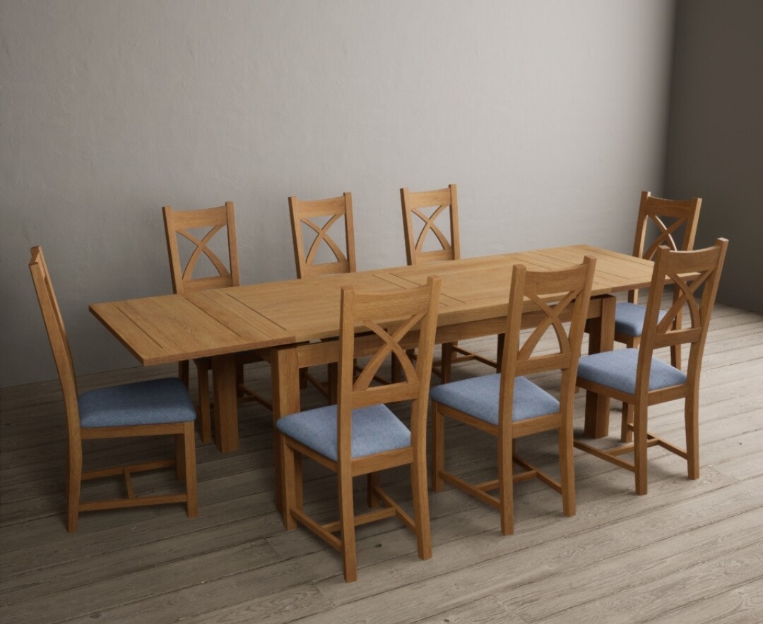 Photo 3 of Extending buxton 180cm solid oak dining table with 8 blue x back chairs