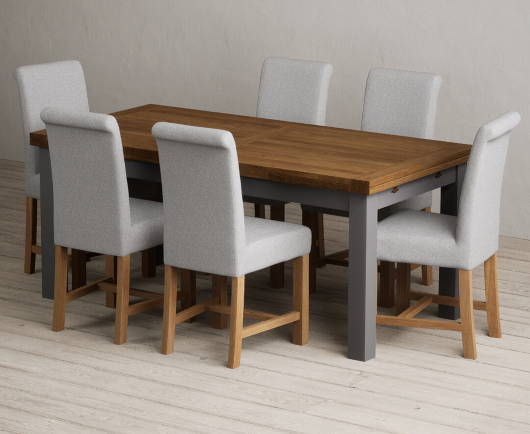 Extending Buxton 180cm Oak And Charcoal Grey Painted Dining Table With 10 Blue Scroll Back Chairs