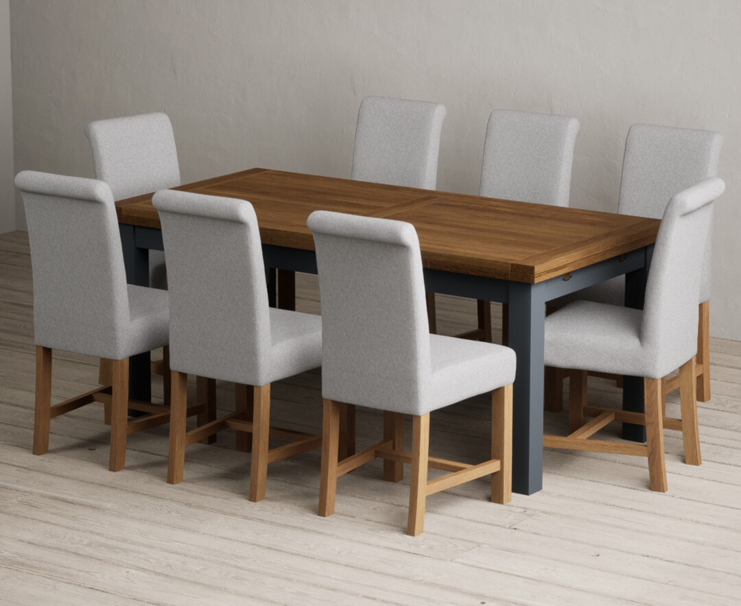 Extending Buxton 180cm Oak And Dark Blue Painted Dining Table With 10 Brown Scroll Back Chairs
