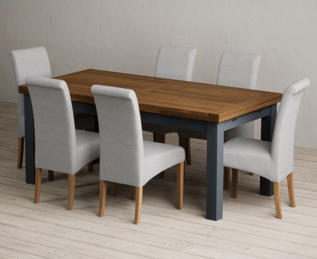Product photograph of Extending Buxton 180cm Oak And Dark Blue Painted Dining Table With 12 Brown Scroll Back Chairs from Oak Furniture Superstore