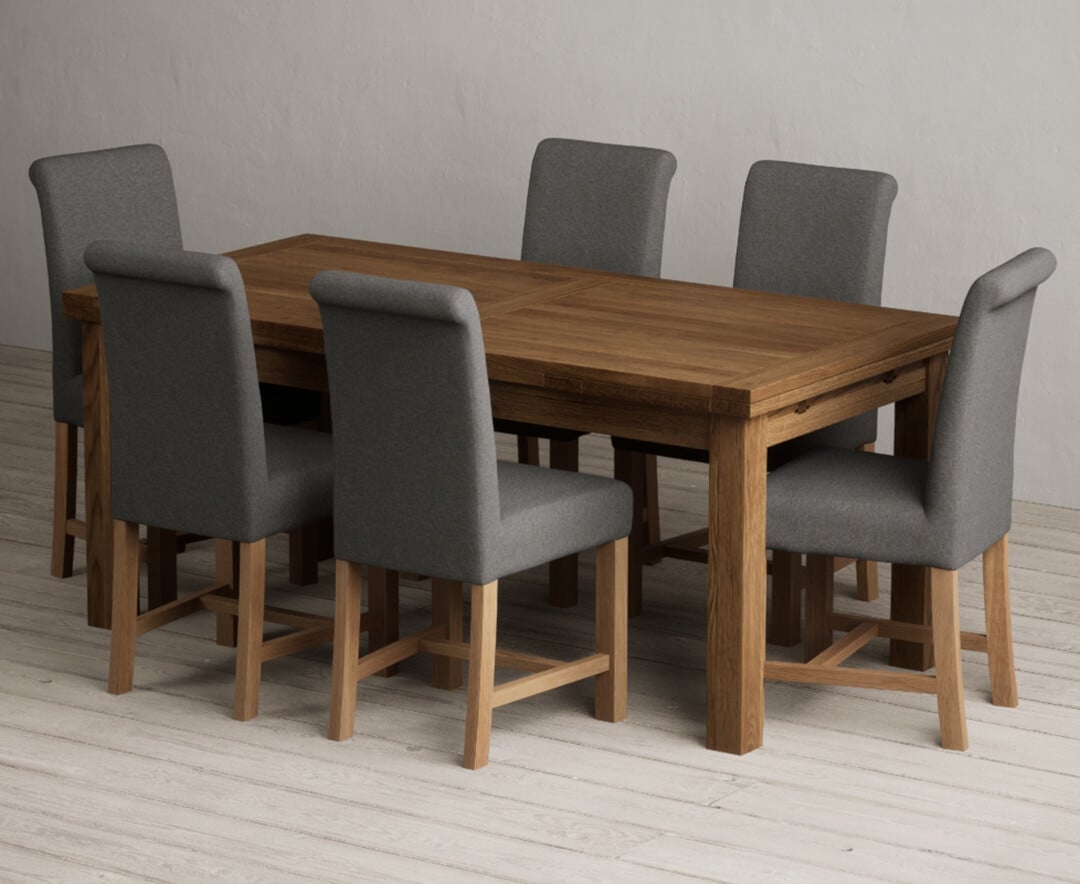 Extending Buxton 180cm Rustic Solid Oak Dining Table With 8 Charcoal Grey Scroll Back Chairs