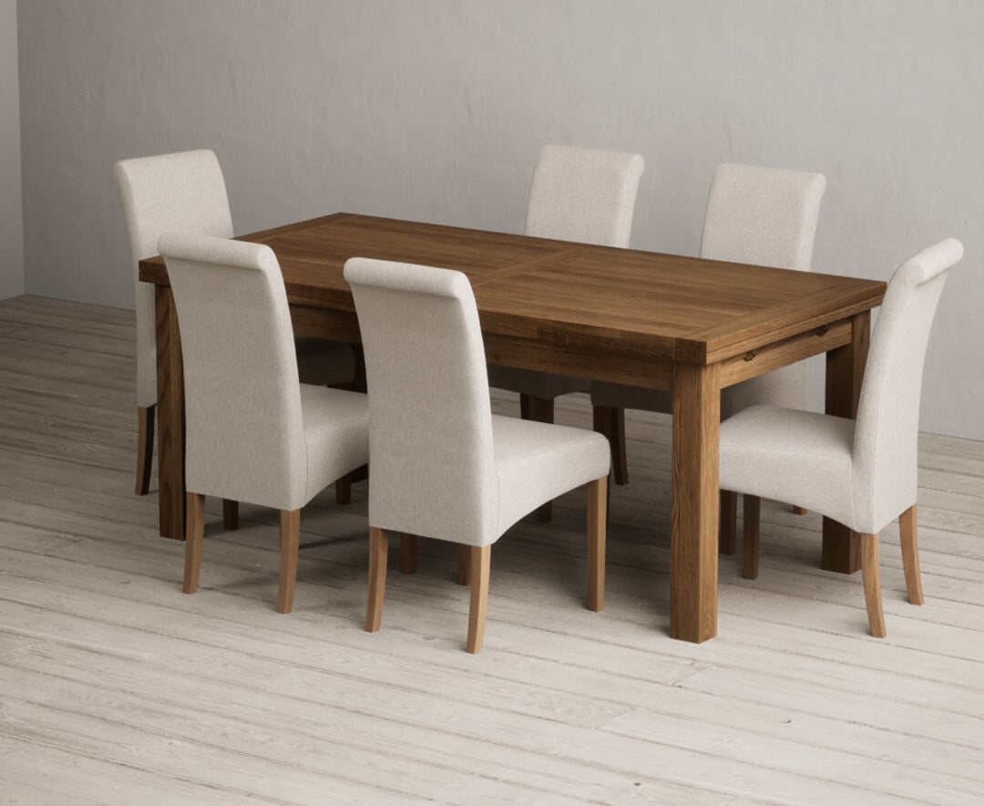 Extending Buxton 180cm Rustic Solid Oak Dining Table With 6 Grey Scroll Back Chairs