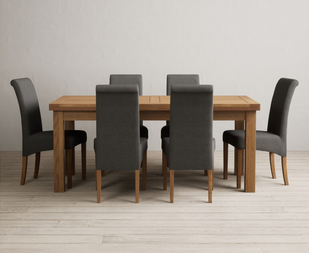 Extending Buxton 180cm Solid Oak Dining Table with 8 Blue Scroll Back Chairs