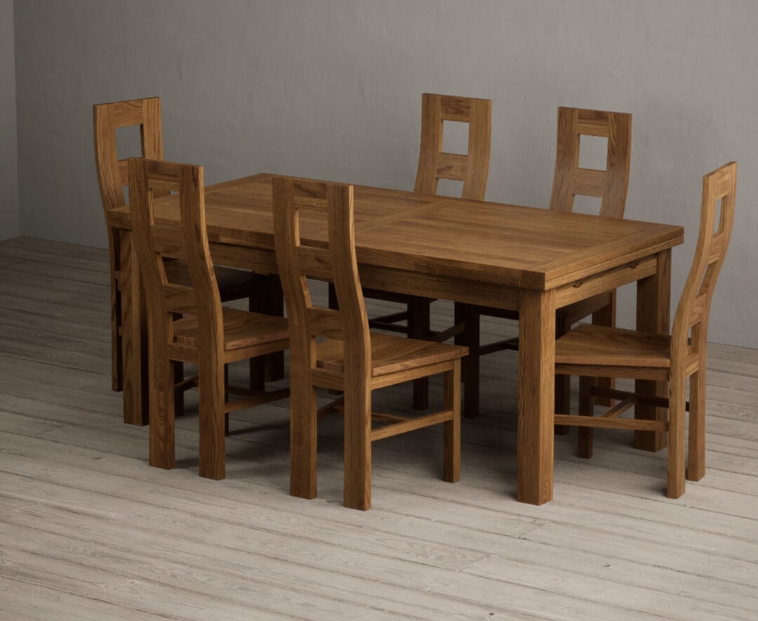 Extending Buxton 180cm Rustic Solid Oak Dining Table with 10 Rustic Oak Rustic Solid Oak Chairs