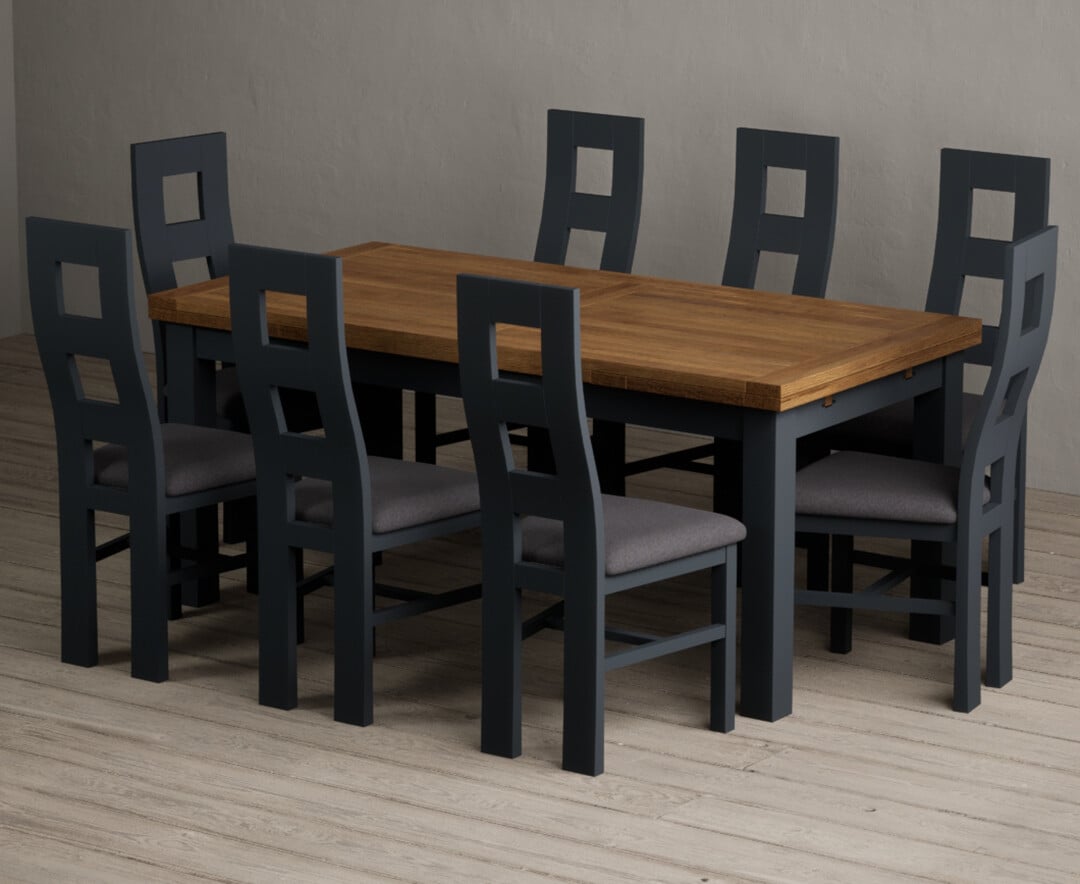 Extending Buxton 180cm Oak and Dark Blue Painted Dining Table with 10 Charcoal Grey Painted Chairs