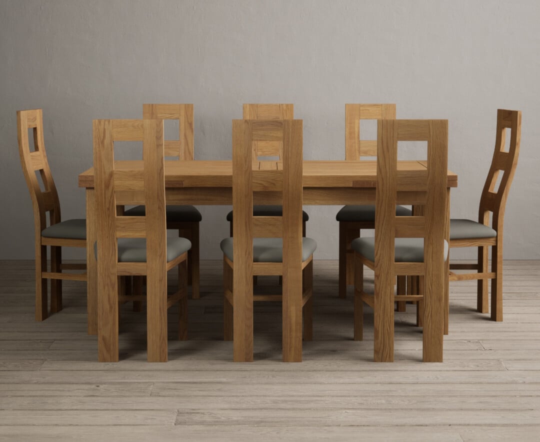 Extending Buxton 180cm Solid Oak Dining Table With 8 Grey Natural Solid Oak Chairs