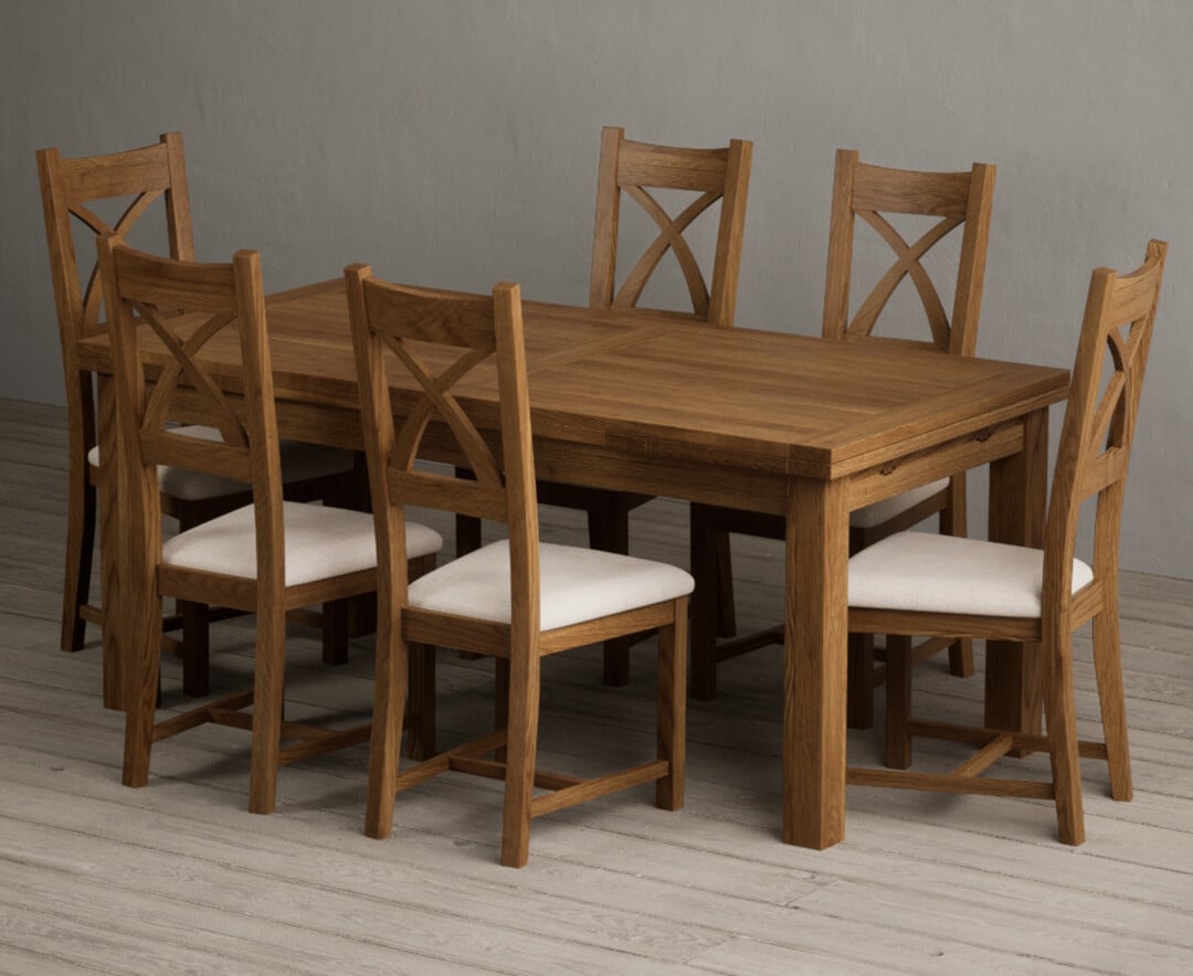 Extending Buxton 180cm Rustic Solid Oak Dining Table with 8 Light Grey Rustic Solid Oak Chairs