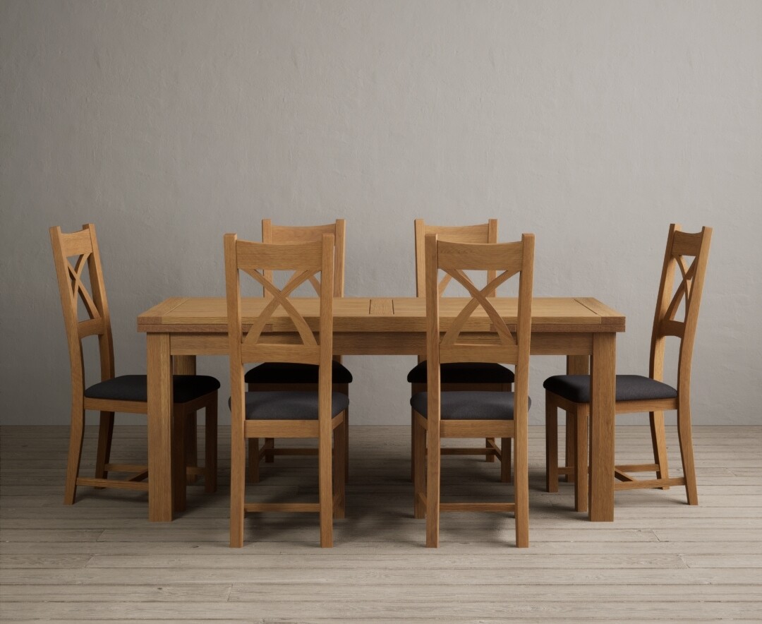 Product photograph of Extending Buxton 180cm Solid Oak Dining Table With 6 Light Grey X Back Chairs from Oak Furniture Superstore