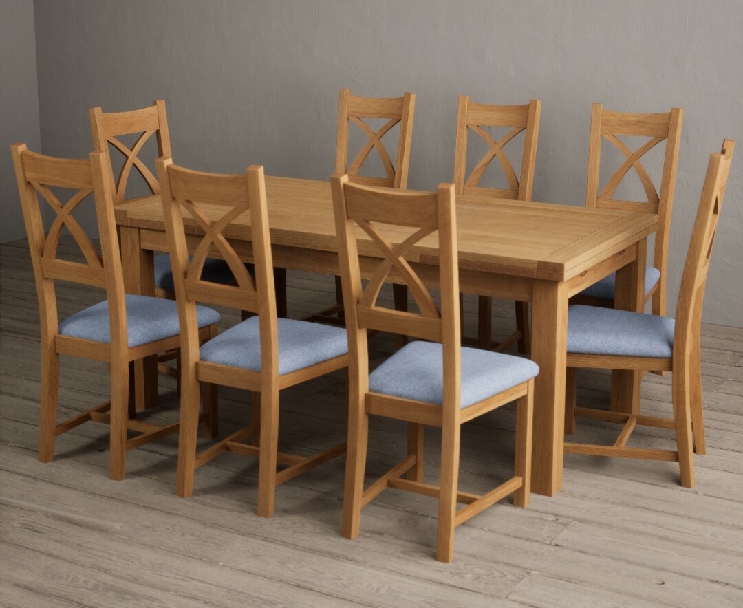 Photo 2 of Extending buxton 180cm solid oak dining table with 8 blue x back chairs
