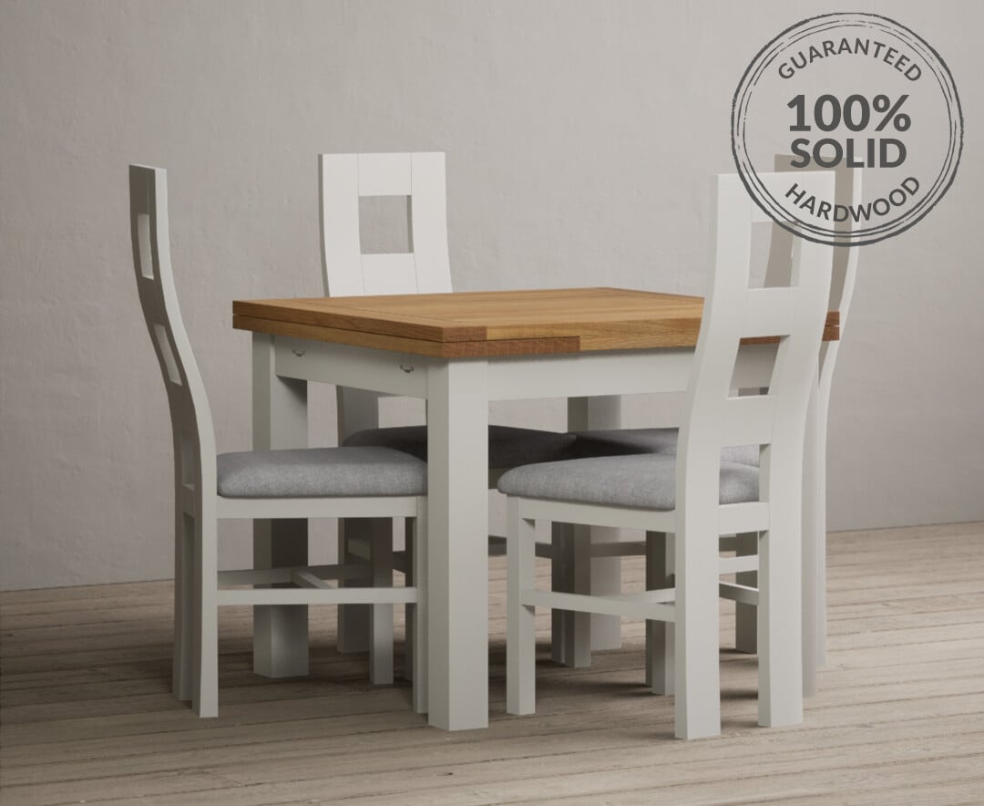 Hampshire 90cm Oak And Chalk White Extending Dining Table With 4 Blue Flow Back Chairs