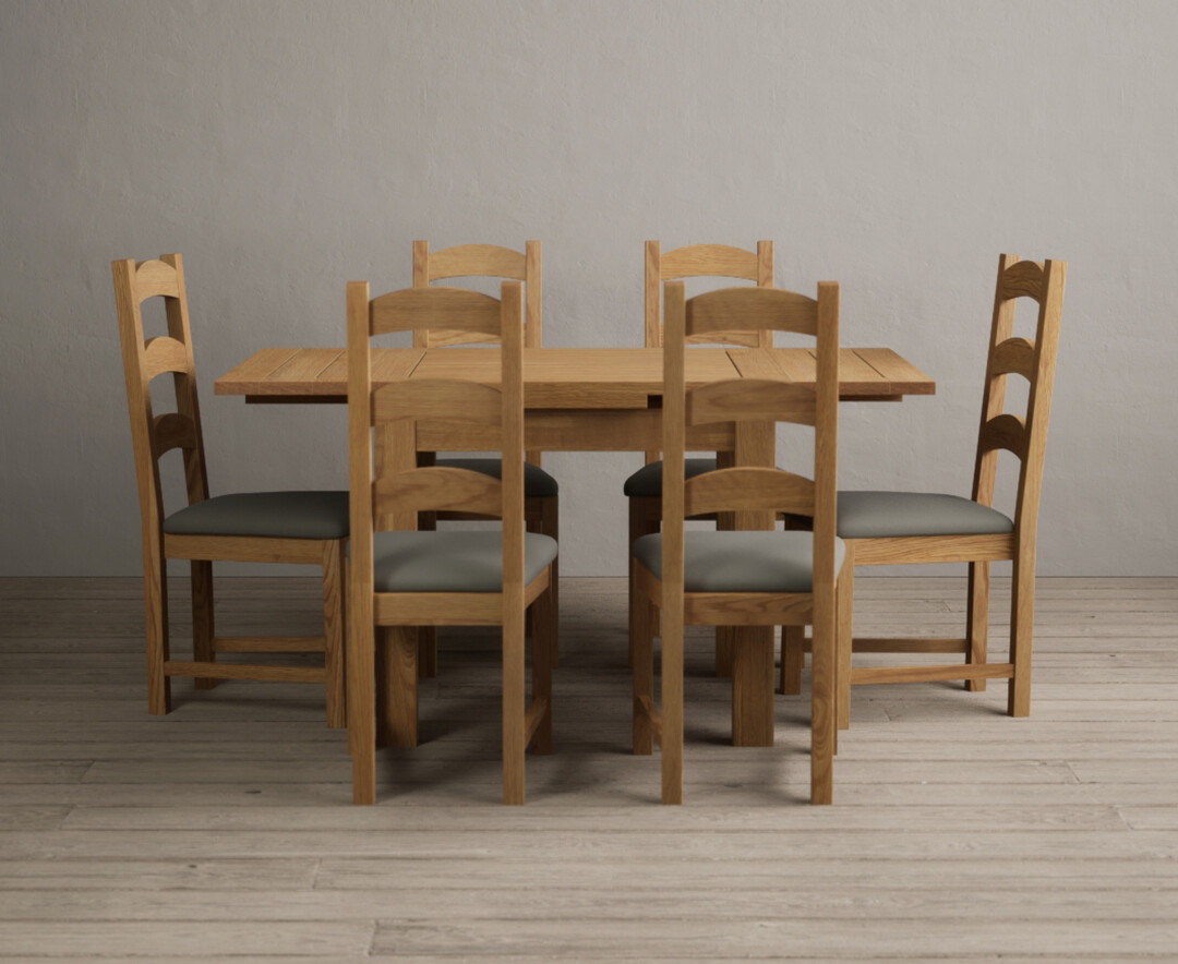 Extending Buxton 90cm Solid Oak Dining Table With 6 Grey Alton Chairs