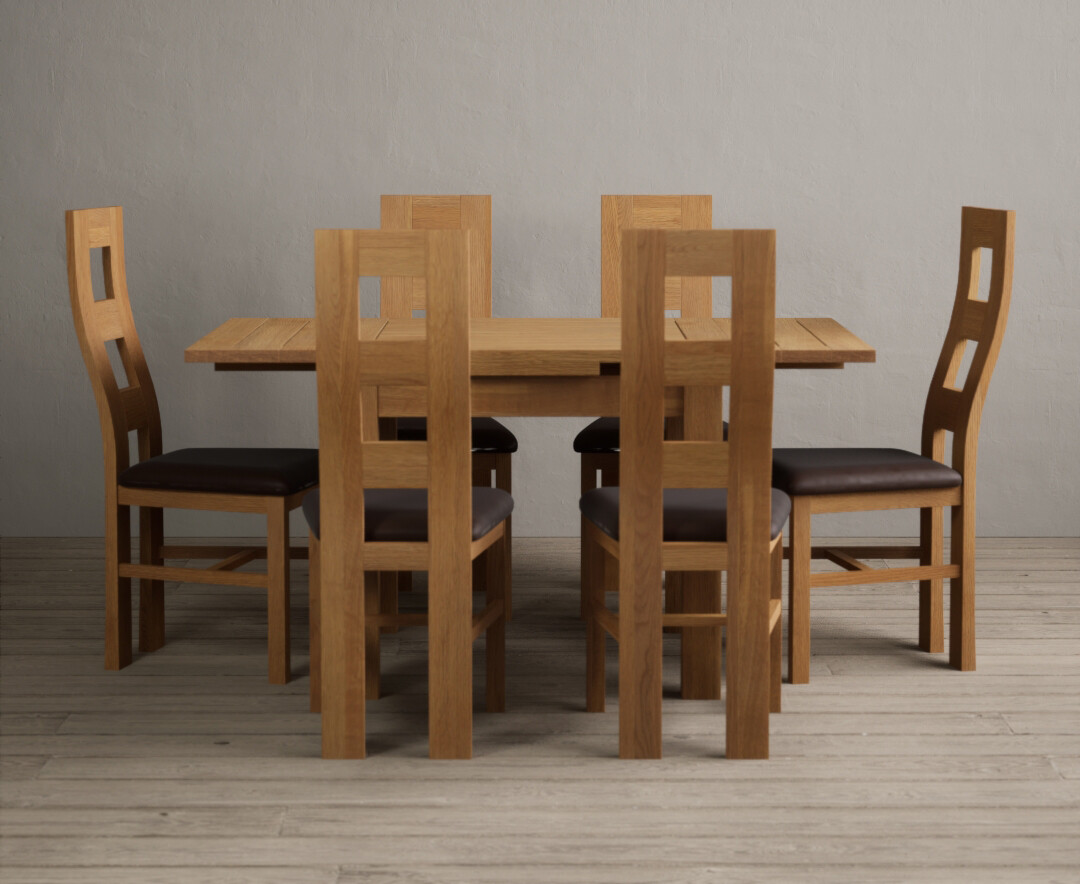 Product photograph of Extending Buxton 90cm Solid Oak Dining Table With 6 Brown Natural Chairs from Oak Furniture Superstore