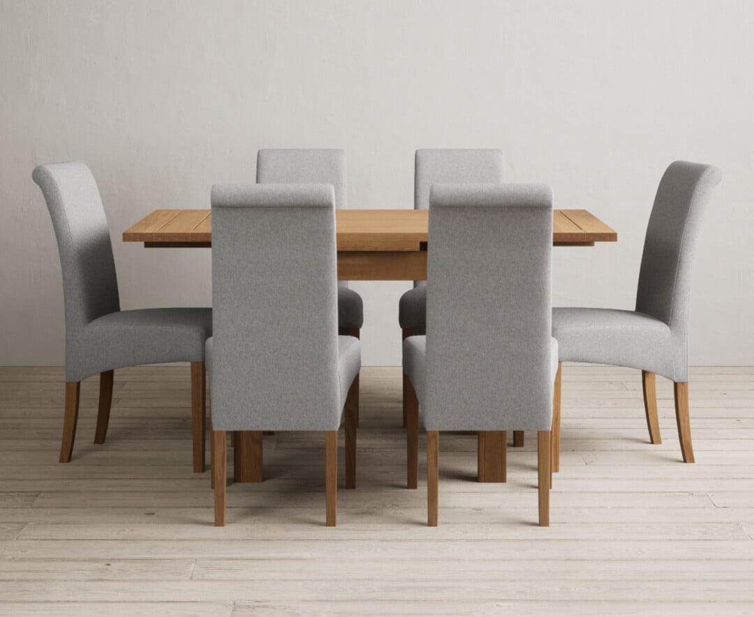 Product photograph of Extending Buxton 90cm Solid Oak Dining Table With 4 Grey Scroll Back Chairs from Oak Furniture Superstore