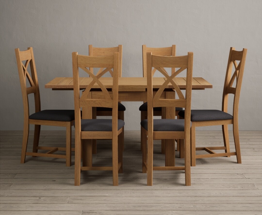 Photo 3 of Extending buxton 90cm solid oak dining table with 6 blue x back chairs