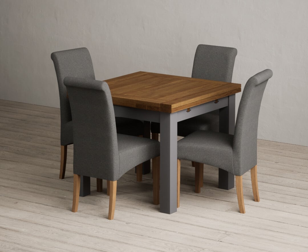 Extending Buxton 90cm Oak And Charcoal Grey Painted Dining Table With 4 Brown Scroll Back Chairs