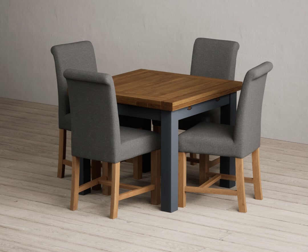 Extending Buxton 90cm Oak And Dark Blue Painted Dining Table With 6 Grey Scroll Back Chairs