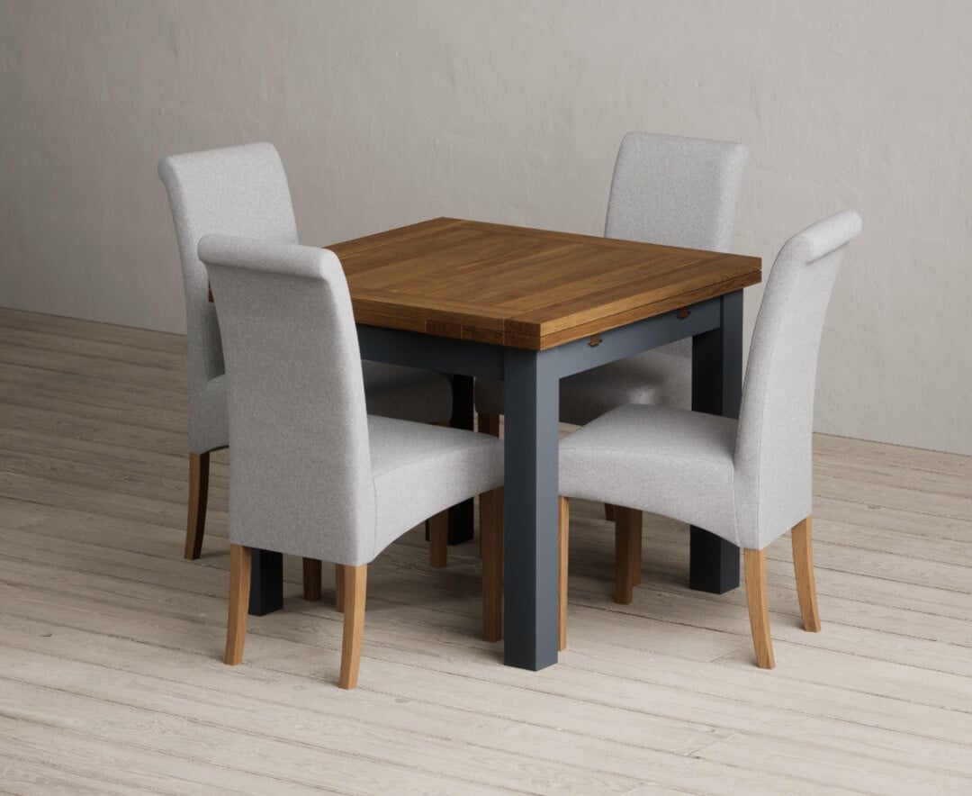 Extending Buxton 90cm Oak And Dark Blue Painted Dining Table With 4 Blue Scroll Back Chairs