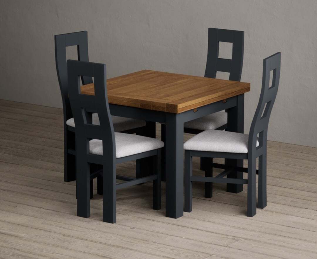 Extending Buxton 90cm Oak and Dark Blue Painted Dining Table with 6 Blue Painted Chairs