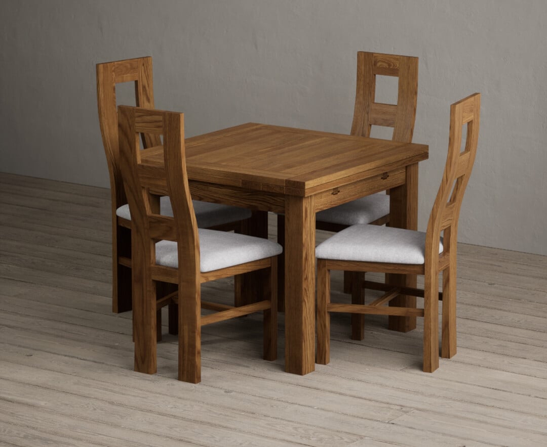 Extending Buxton 90cm Rustic Solid Oak Dining Table with 6 Light Grey Rustic Solid Oak Chairs