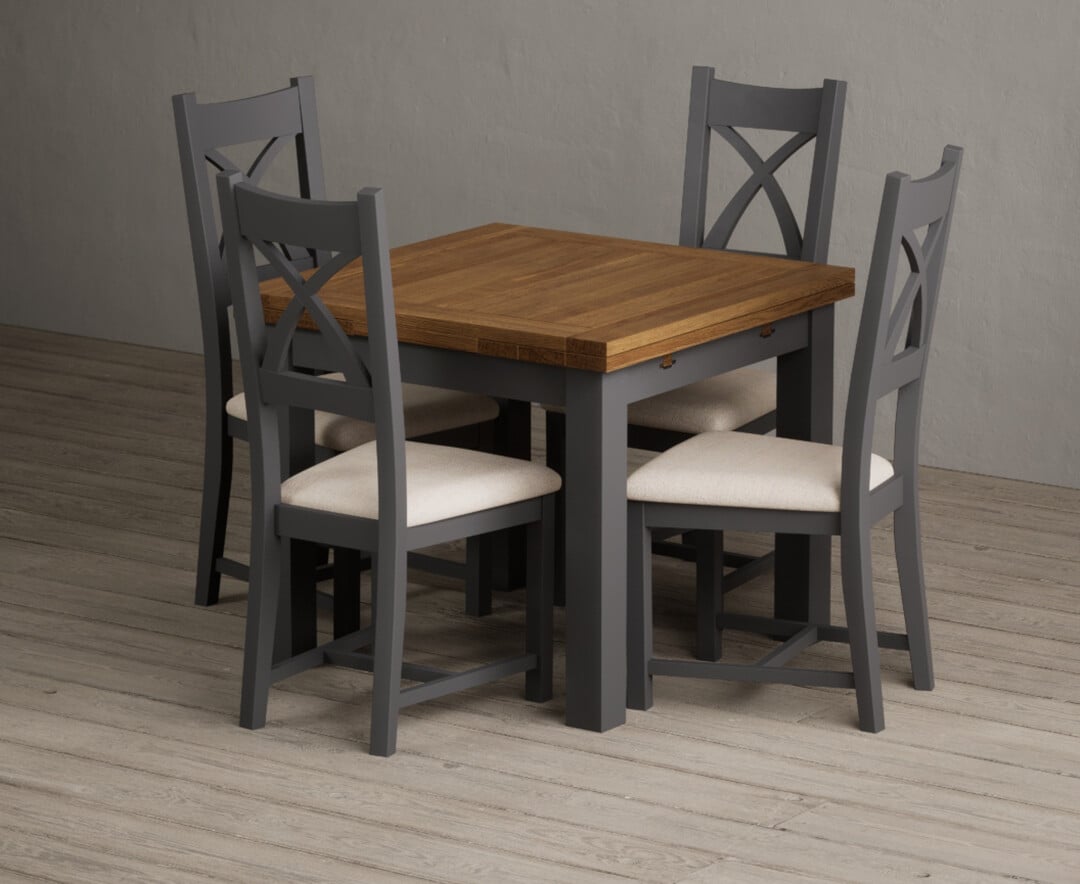 Extending Buxton 90cm Oak And Charcoal Grey Painted Dining Table With 6 Rustic Oak Painted Chairs