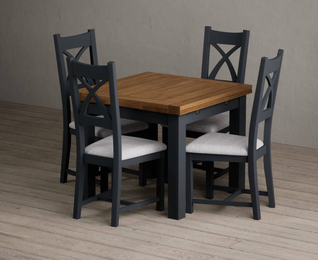 Extending Buxton 90cm Oak And Dark Blue Painted Dining Table With 6 Light Grey Painted Chairs