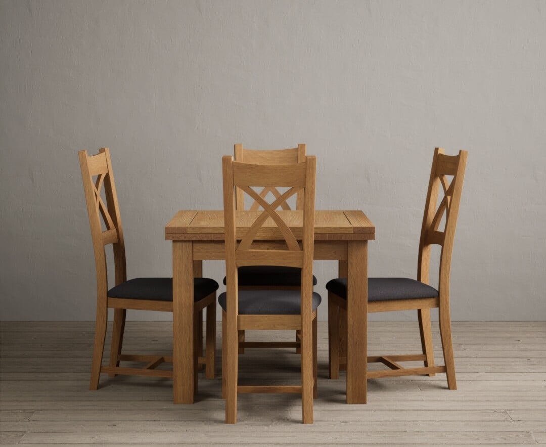 Product photograph of Extending Hampshire 90cm Solid Oak Dining Table With 6 Linen X Back Chairs from Oak Furniture Superstore